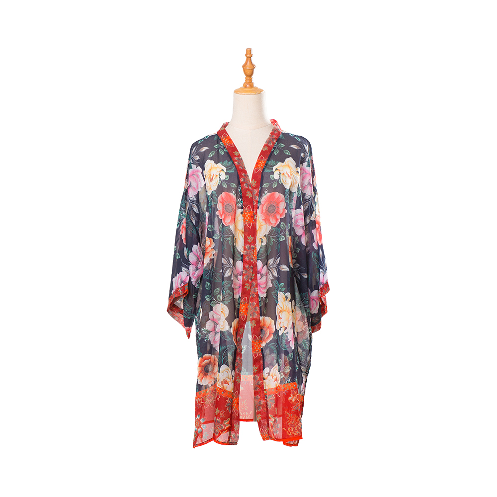 Кимоно для женщин, летняя пляжная накидка, прозрачный кардиган, шифоновая накидка с цветочным принтом, свободная повседневная топ-блузка