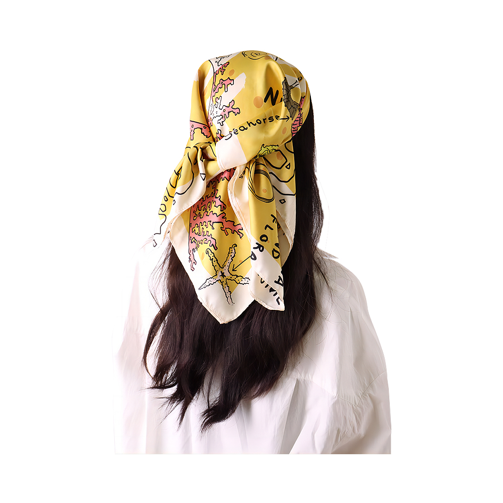 100% полиэстер, атласный шелковый шарф, желтый квадратный атласный платок с принтом для женщин
