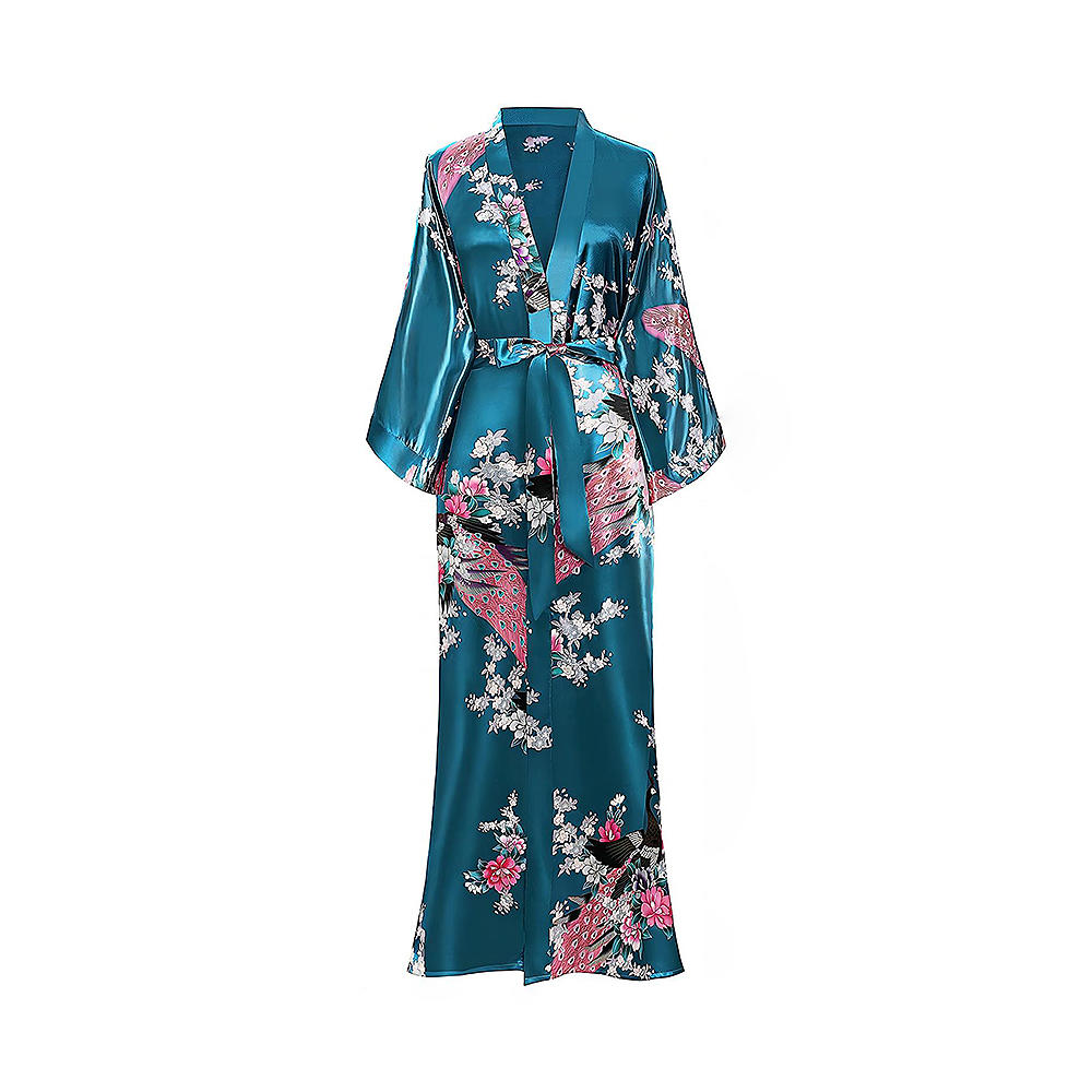 Женский халат-кимоно, длинный халат с павлином и цветочным принтом, ночная рубашка-кимоно
