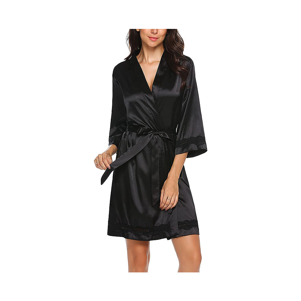 Женский шелковый халат с кружевной отделкой, короткое кимоно, атласный халат, короткая сексуальная пижама с v-образным вырезом
